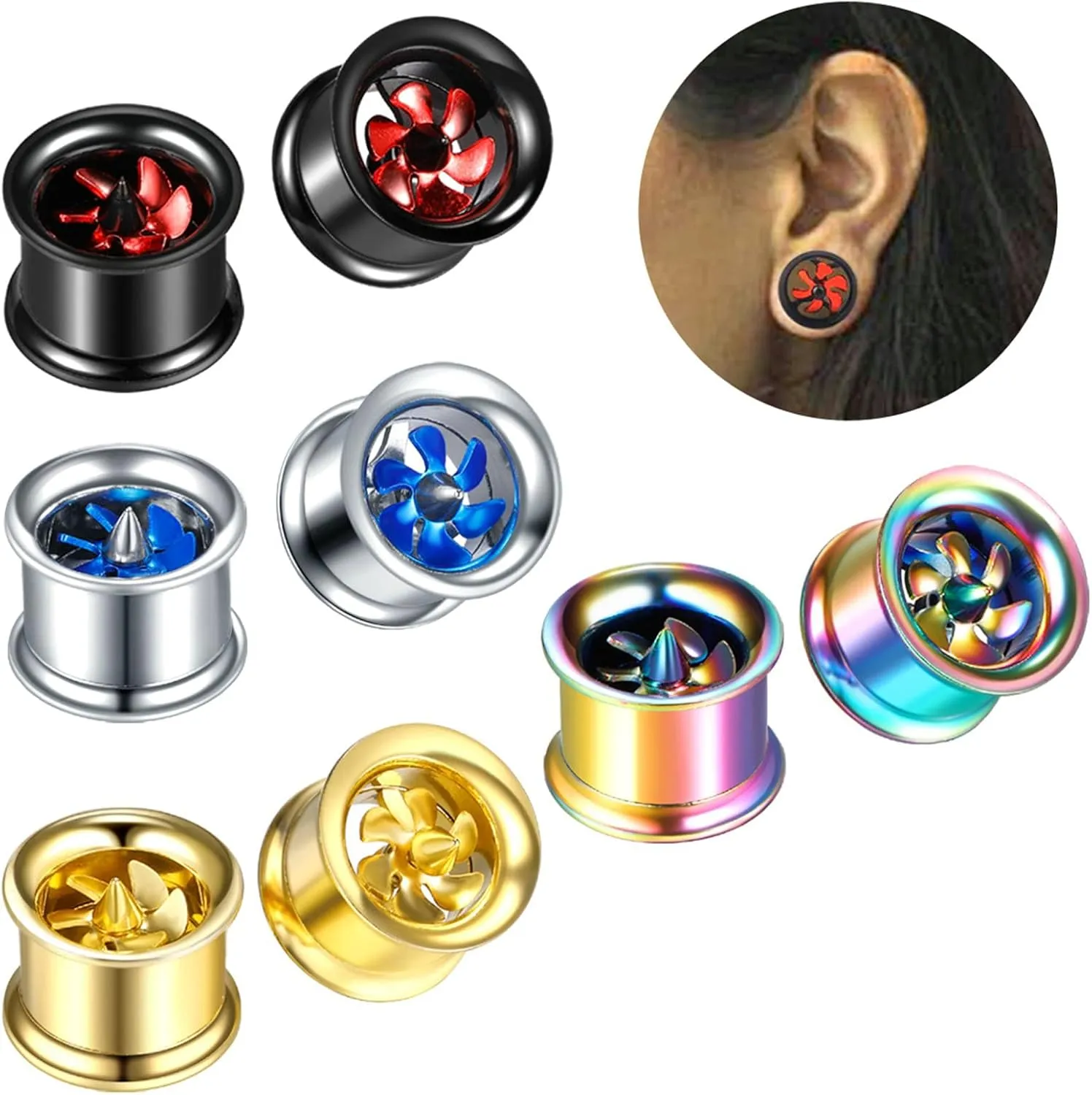 Tunnels Gauges, 2PCS Stainless Steel Tunnel Set Hollow Hoop with Windmill Gauges Piercing Jewelry Set