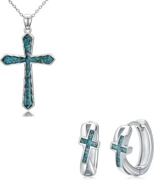 Turquoise Cross Necklace Earrings for Women 925 Sterling Silver Cross Religious Christian Jewelry Faith Mothers Day Easter Gifts for Mom Wife