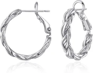 Twisted Gold and Silver Hoop Earrings for Women, 14K Gold Plated, Lightweight & Hypoallergenic, Vintage Round Hoop Jewelry for Sensitive Ears