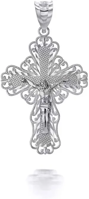 Two Tone Filigree Jesus Crucifix Cross Fine Pendant Necklace Real Solid .925 Sterling Silver