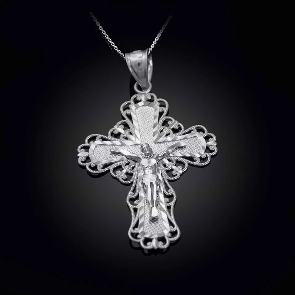 Two Tone Filigree Jesus Crucifix Cross Fine Pendant Necklace Real Solid .925 Sterling Silver