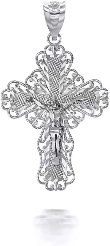 Two Tone Filigree Jesus Crucifix Cross Fine Pendant Necklace Real Solid .925 Sterling Silver