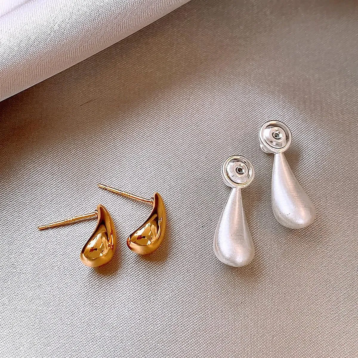 Two Tone Teardrop Stud Earrings for Women Gold Silver Front Back Oval Bean Dangle Earrings Cute Post Ball Earrings Lightweight Chunky Jewelry Gifts