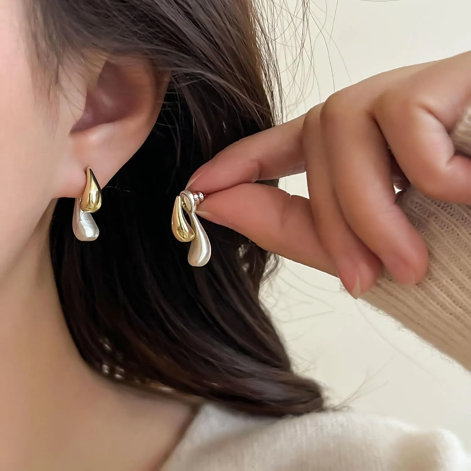Two Tone Teardrop Stud Earrings for Women Gold Silver Front Back Oval Bean Dangle Earrings Cute Post Ball Earrings Lightweight Chunky Jewelry Gifts
