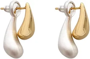 Two Tone Teardrop Stud Earrings for Women Gold Silver Front Back Oval Bean Dangle Earrings Cute Post Ball Earrings Lightweight Chunky Jewelry Gifts