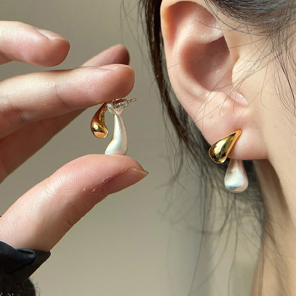 Two Tone Teardrop Stud Earrings for Women Gold Silver Front Back Oval Bean Dangle Earrings Cute Post Ball Earrings Lightweight Chunky Jewelry Gifts