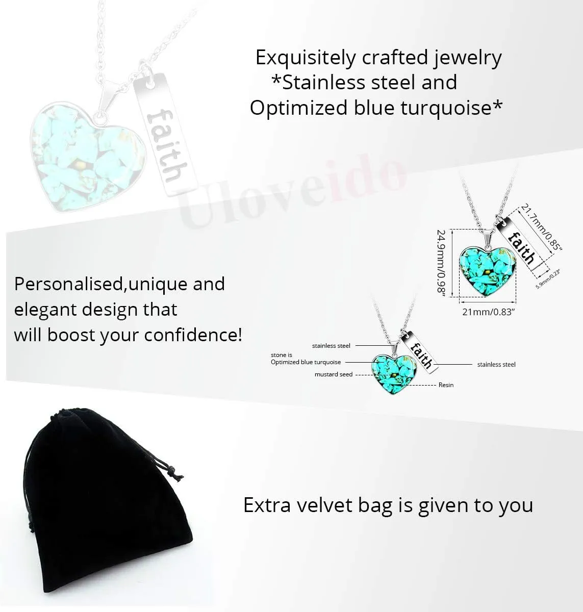 Uloveido Dainty Simulated Coral & Turquoise & Golden Sandstone Heart Pendant Necklace Mustard Seed Faith Jewelry Y962