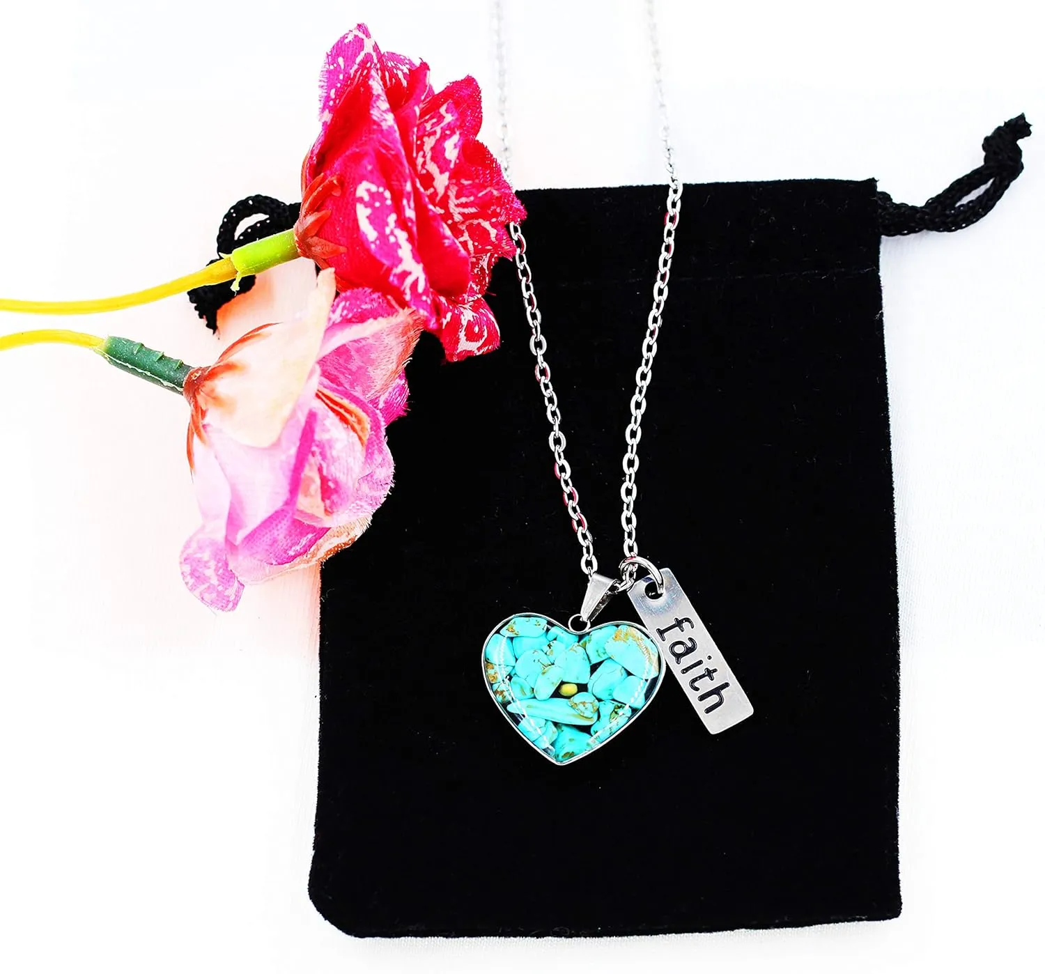 Uloveido Dainty Simulated Coral & Turquoise & Golden Sandstone Heart Pendant Necklace Mustard Seed Faith Jewelry Y962
