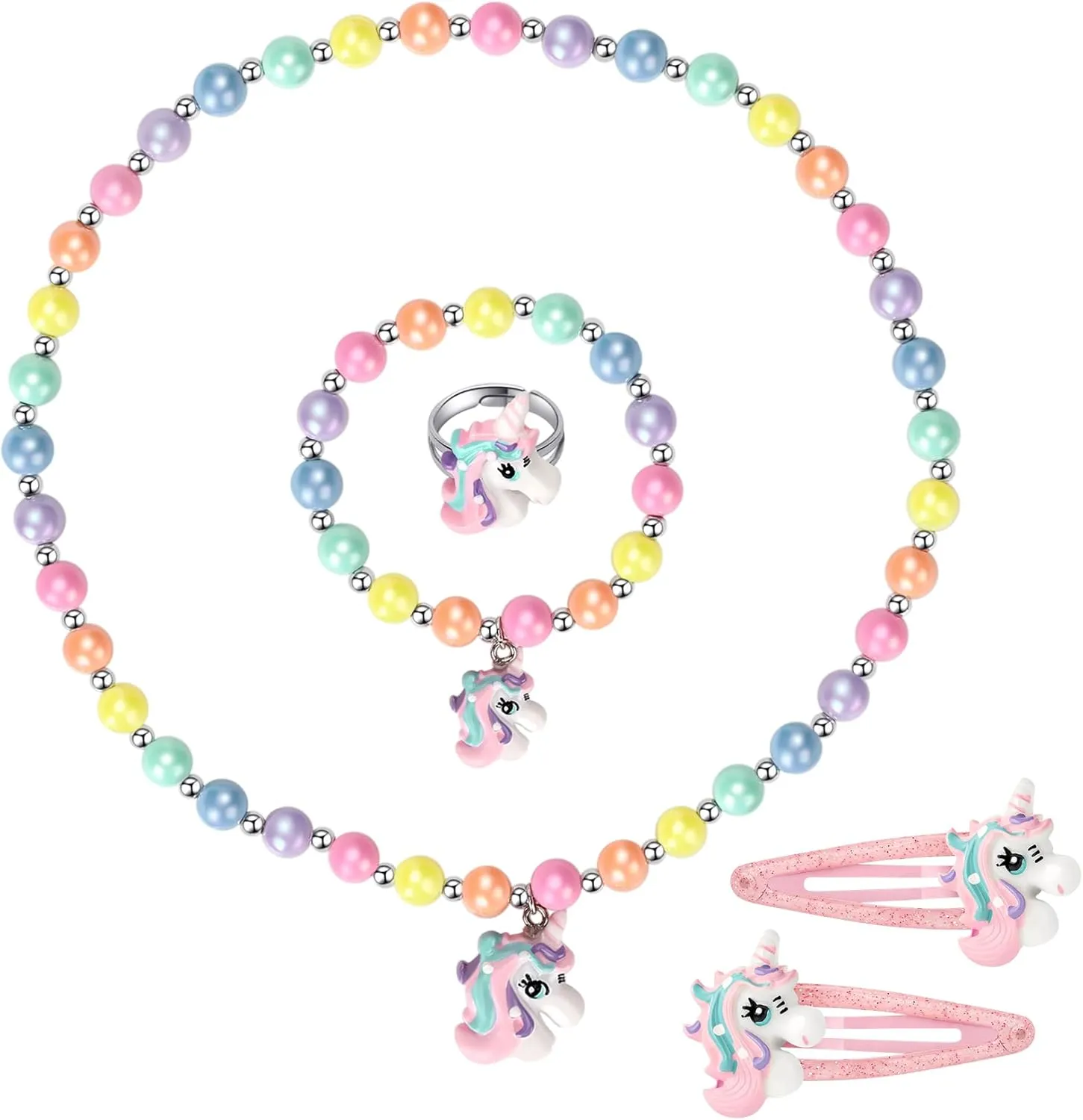 Unicorn Stretch Necklace Little Girl Toddler Necklace Bracelet Hair Clips Set, Little Princess Jewelry Accessories Favors Bags for Girls (1)
