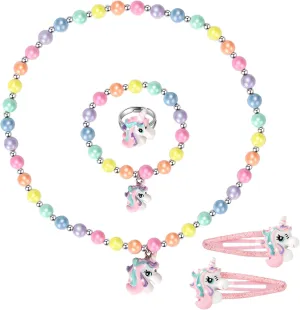 Unicorn Stretch Necklace Little Girl Toddler Necklace Bracelet Hair Clips Set, Little Princess Jewelry Accessories Favors Bags for Girls (1)