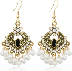 Unique Fashion Bohemian Vintage Chandelier Dangle Drop Earrings Pearl Flower Beads Geometry Hook Earrings for Women Retro Statement Jewelry Gifts
