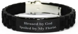 Unique Florist Gifts, Blessed by God, Florist Black Glidelock Clasp Bracelet From Colleagues, Engraved Bracelet For Friends, Friends bracelet, Black bracelet, Bracelet gift, Friendship bracelet