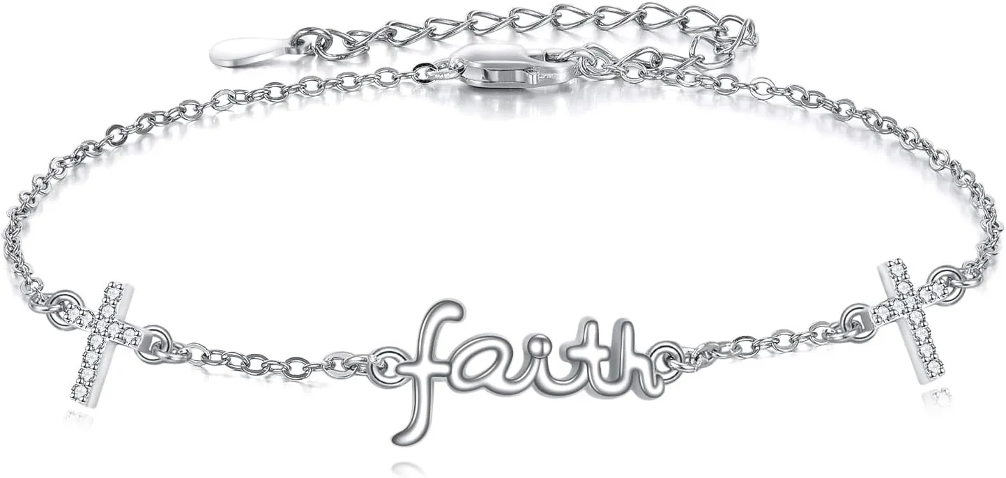 URONE Faith Cross Rings Bracelet Sterling Silver Faith Over Fear Cross Rings Christian Religious Jewelry Gifts For Women Men
