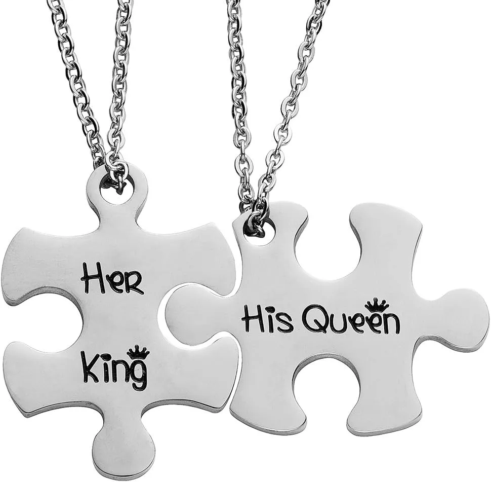 Valentine's Day His and Hers Puzzle Piece Pendant Necklace KeyChain Set Personalized Couples Stamped Chain Keyring