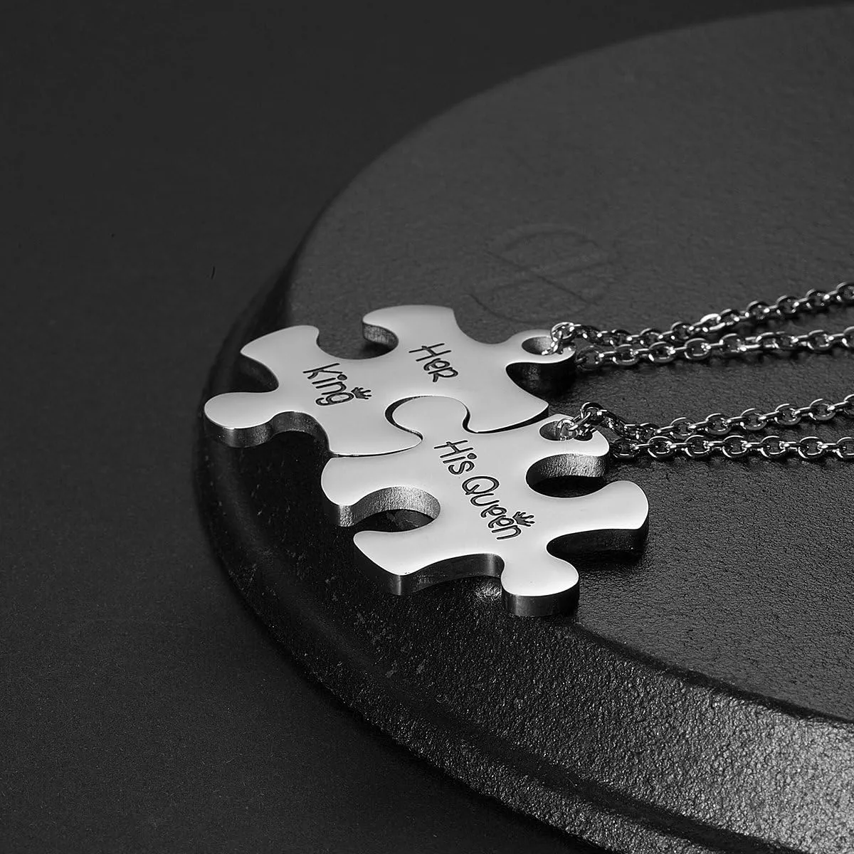 Valentine's Day His and Hers Puzzle Piece Pendant Necklace KeyChain Set Personalized Couples Stamped Chain Keyring