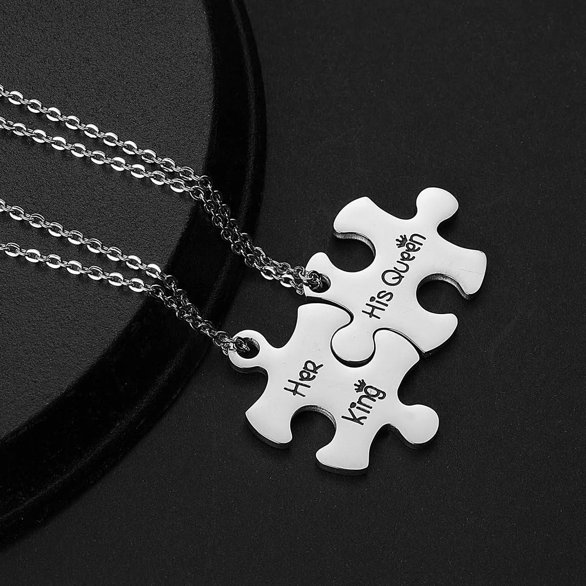 Valentine's Day His and Hers Puzzle Piece Pendant Necklace KeyChain Set Personalized Couples Stamped Chain Keyring