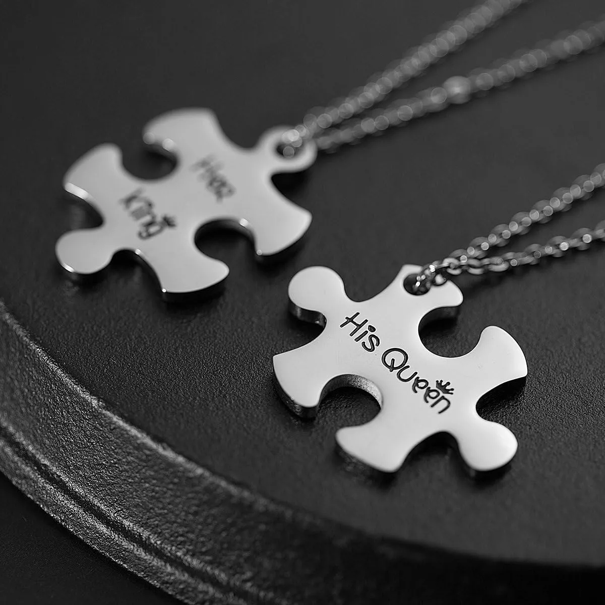 Valentine's Day His and Hers Puzzle Piece Pendant Necklace KeyChain Set Personalized Couples Stamped Chain Keyring