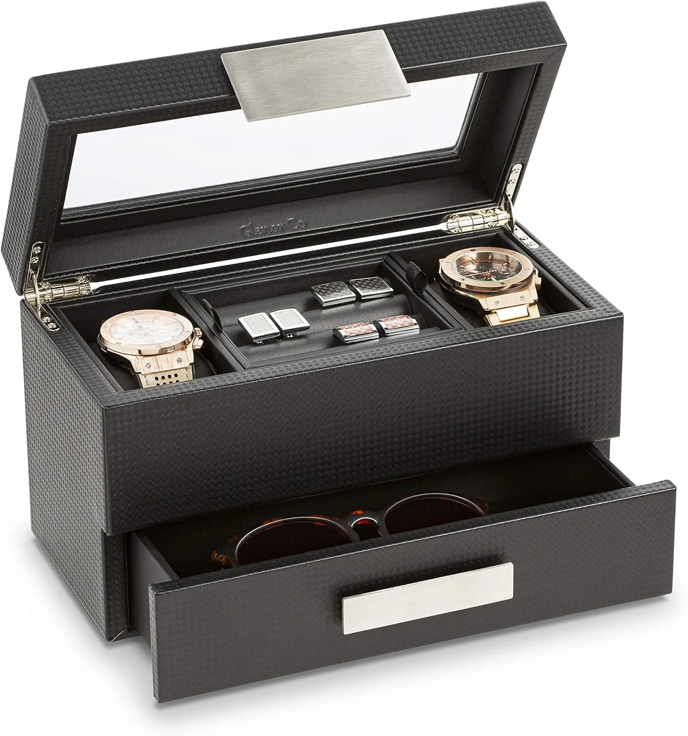 Valet Jewelry Watch Box for Men - Carbon Fiber Texture Organizer with Glass Top, Drawer & Tray - Holder for Watches, Cufflinks, Sunglasses, Tie Clips & Accessories - Small Case - Black