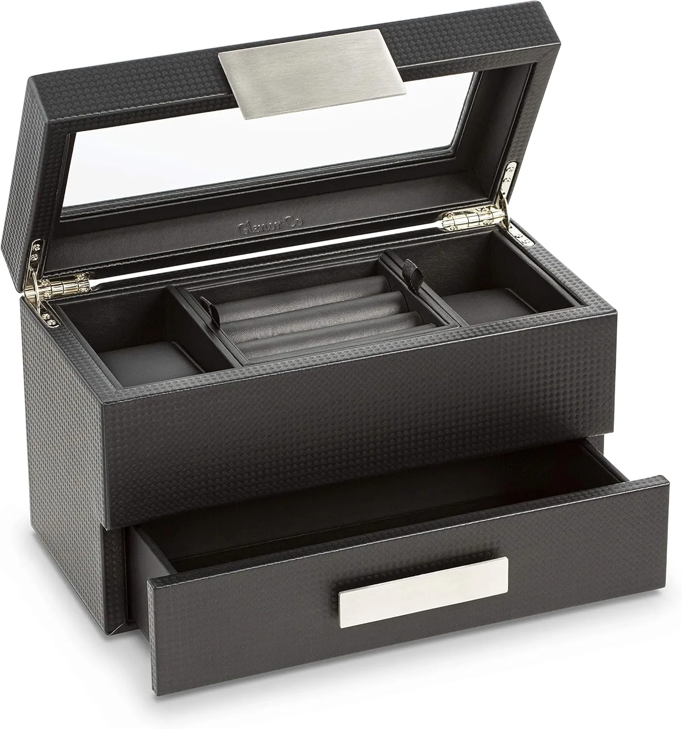 Valet Jewelry Watch Box for Men - Carbon Fiber Texture Organizer with Glass Top, Drawer & Tray - Holder for Watches, Cufflinks, Sunglasses, Tie Clips & Accessories - Small Case - Black