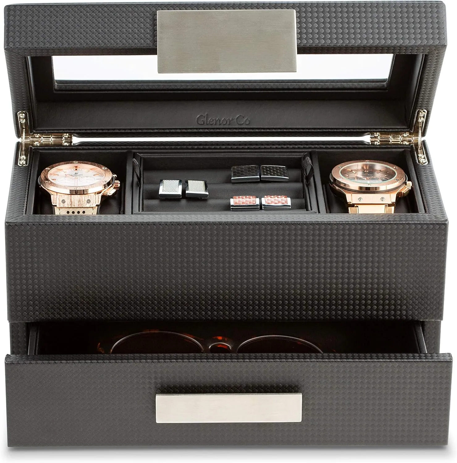Valet Jewelry Watch Box for Men - Carbon Fiber Texture Organizer with Glass Top, Drawer & Tray - Holder for Watches, Cufflinks, Sunglasses, Tie Clips & Accessories - Small Case - Black