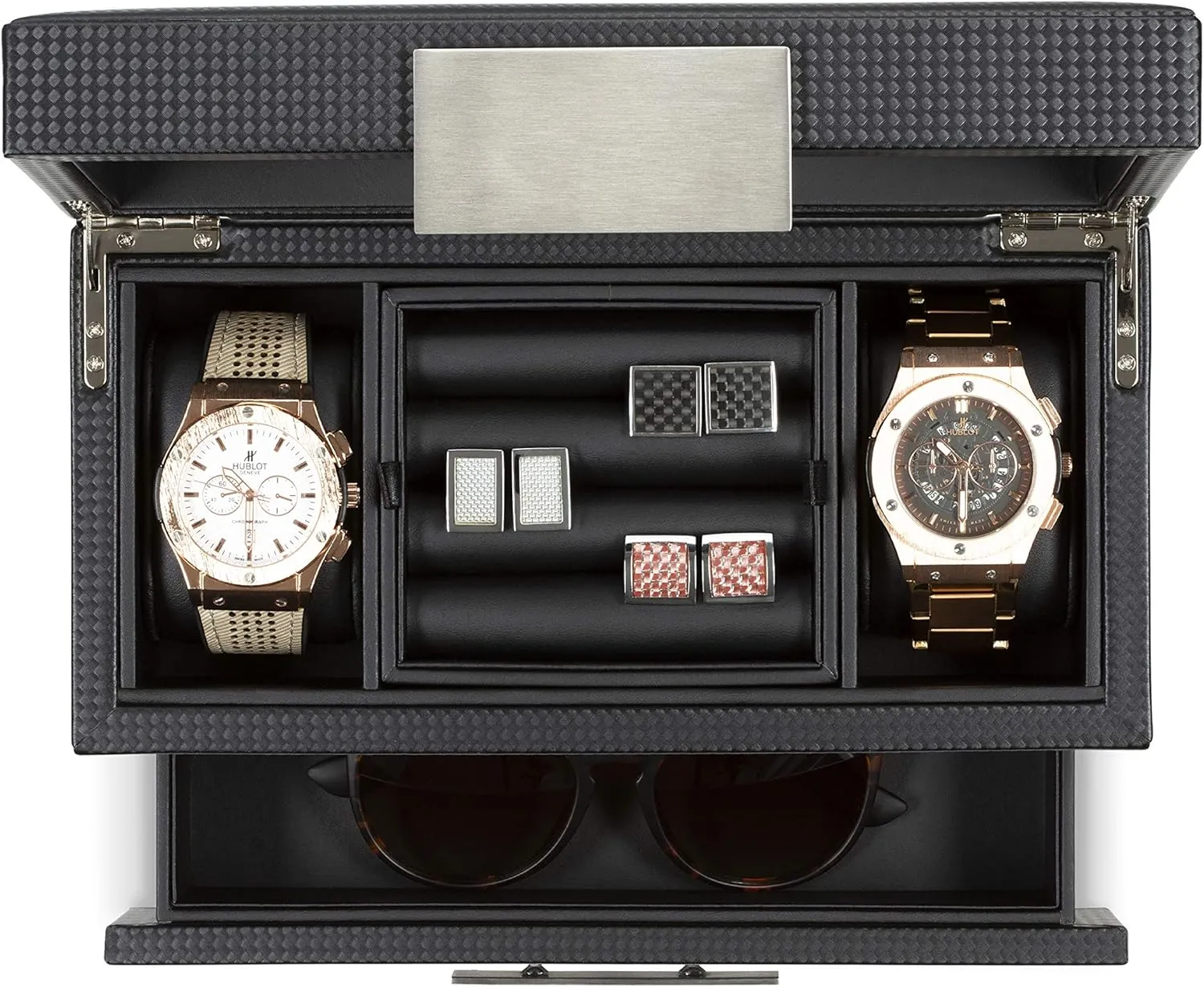 Valet Jewelry Watch Box for Men - Carbon Fiber Texture Organizer with Glass Top, Drawer & Tray - Holder for Watches, Cufflinks, Sunglasses, Tie Clips & Accessories - Small Case - Black