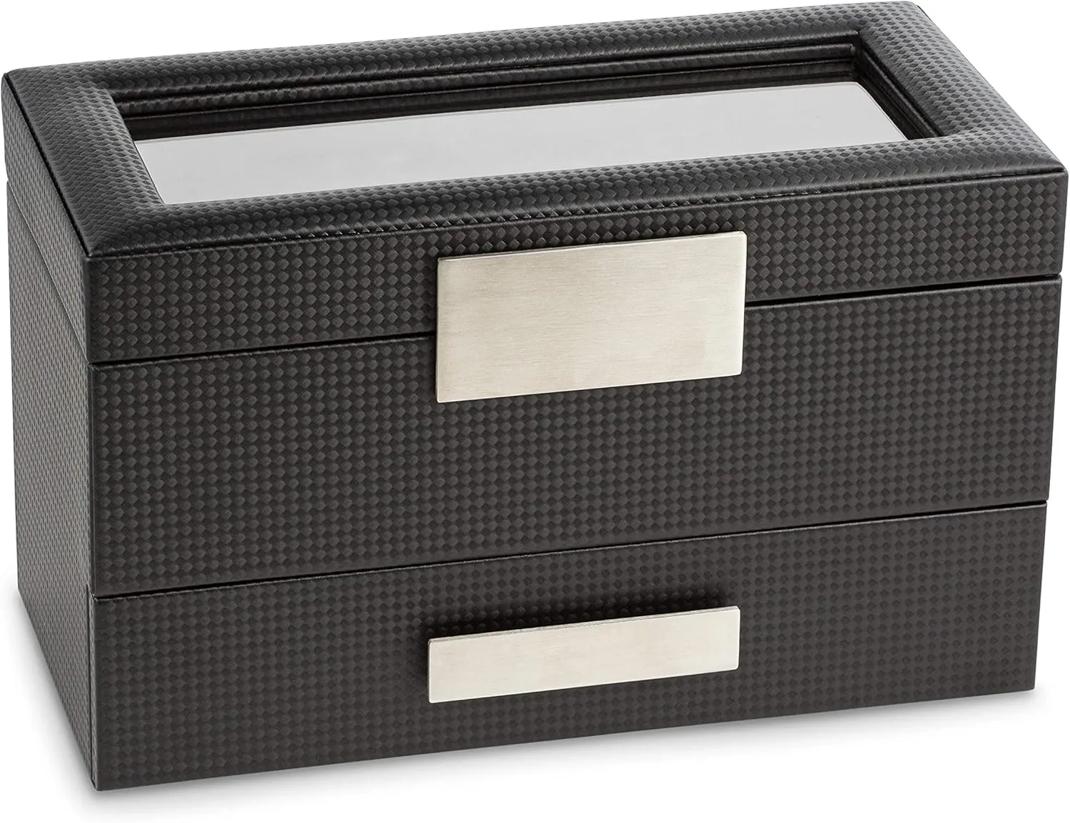 Valet Jewelry Watch Box for Men - Carbon Fiber Texture Organizer with Glass Top, Drawer & Tray - Holder for Watches, Cufflinks, Sunglasses, Tie Clips & Accessories - Small Case - Black