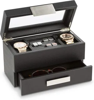 Valet Jewelry Watch Box for Men - Carbon Fiber Texture Organizer with Glass Top, Drawer & Tray - Holder for Watches, Cufflinks, Sunglasses, Tie Clips & Accessories - Small Case - Black