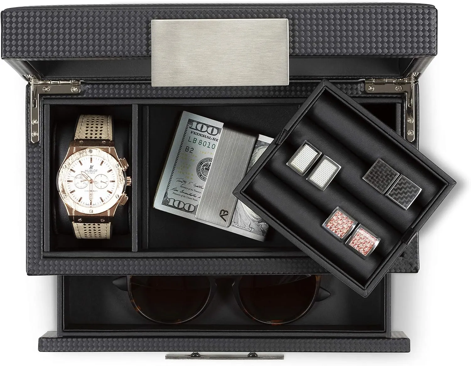Valet Jewelry Watch Box for Men - Carbon Fiber Texture Organizer with Glass Top, Drawer & Tray - Holder for Watches, Cufflinks, Sunglasses, Tie Clips & Accessories - Small Case - Black