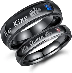 Vanski 2pcs Matching Set Couple Rings His Queen & Her King Stainless Steel Promise Rings Engagement Band