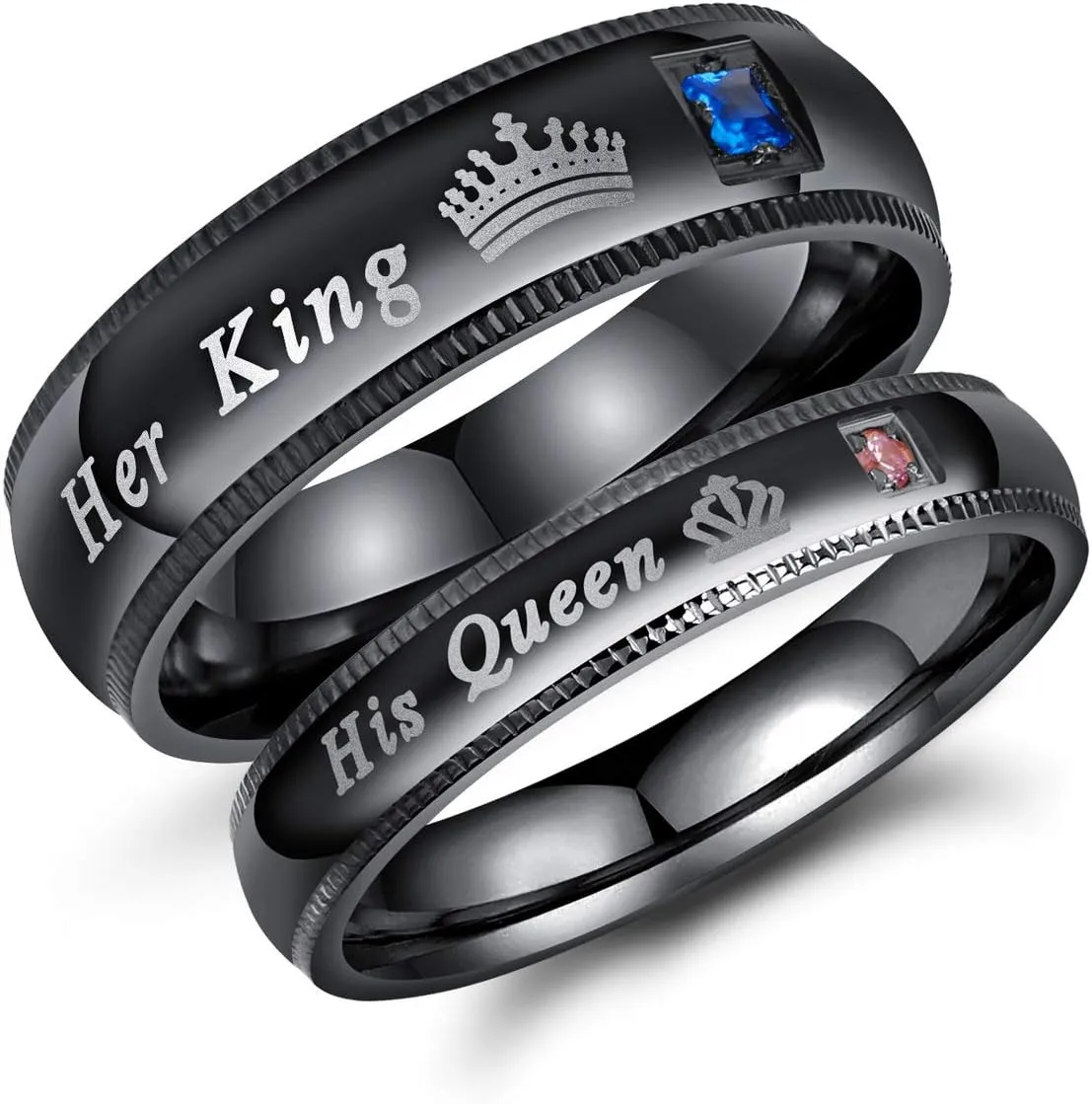 Vanski 2pcs Matching Set Couple Rings His Queen & Her King Stainless Steel Promise Rings Engagement Band
