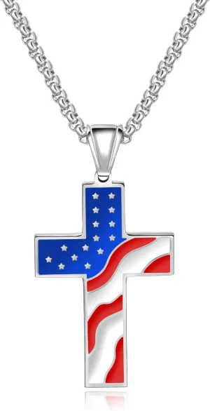 Vanski Men's Stainless Steel American USA National Flag Cross Pendant Necklace Patriotic Religious Jewelry, Silver-Tone