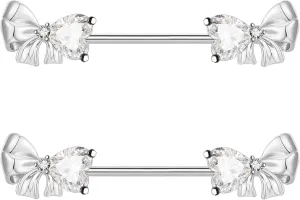 VERAMI 14G Stainless Steel Bowknot Nipple Rings 316L Heart CZ Nipple Barbell Rings Body Piercing for Women