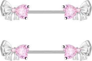 VERAMI 14G Stainless Steel Bowknot Nipple Rings 316L Heart CZ Nipple Barbell Rings Body Piercing for Women