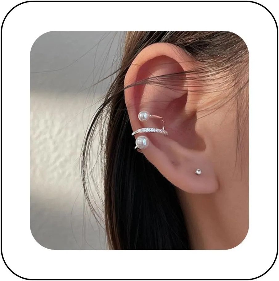 Vintage Crystal Pearl Cuff Wrap Earrings Pearl Cartilage Cuff Earrings Silver Cz Ring Helix Earrings Pearl Non Piercing Clip on Earrings Jewelry for Women