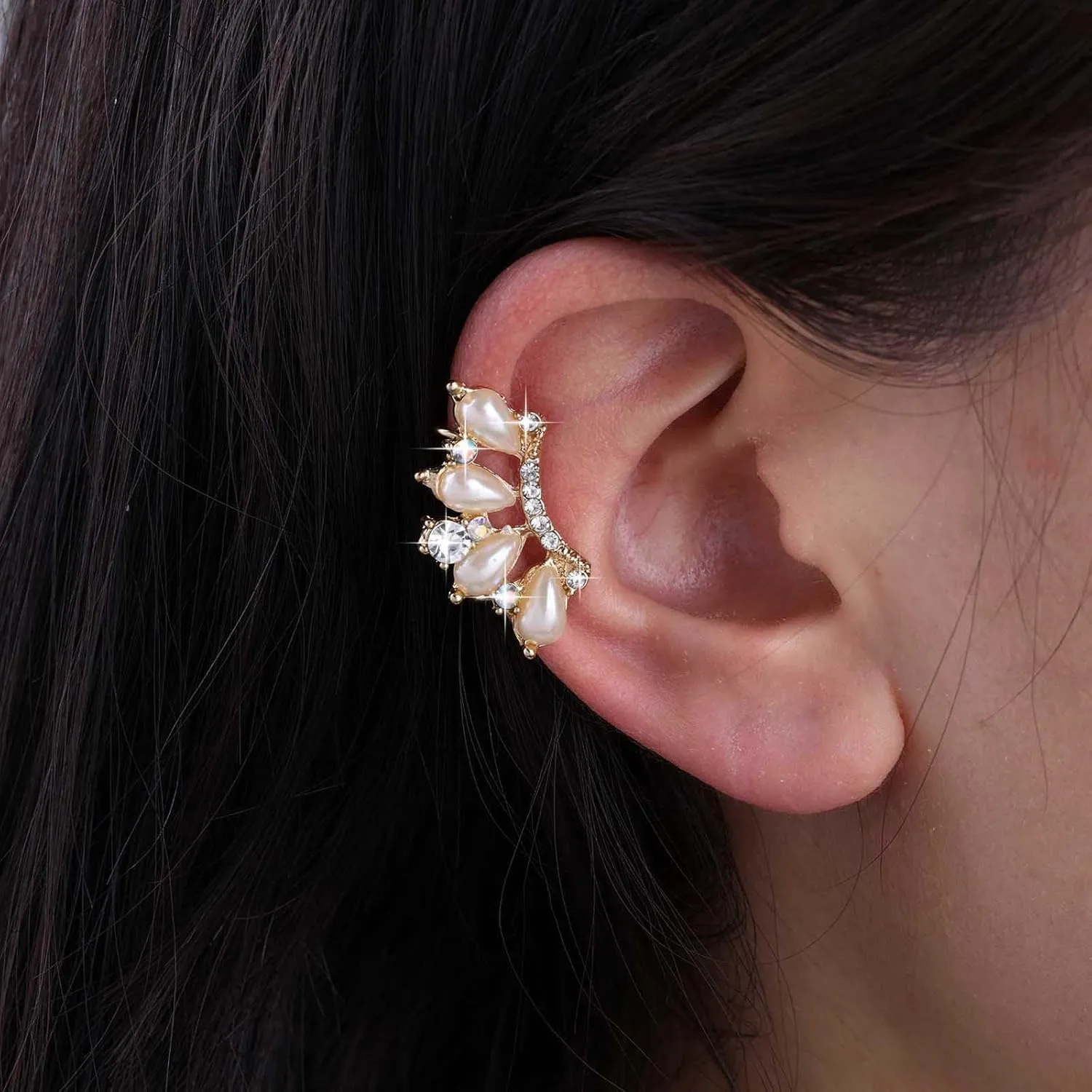 Vintage Crystal Pearl Ear Cuff Wrap Earrings Gold Cz Pearl Cartilage Cuff Earrings Rhinestone Pearl Cuff Earrings Pearl Non Pierced Clip On Earrings Jewelry for Women