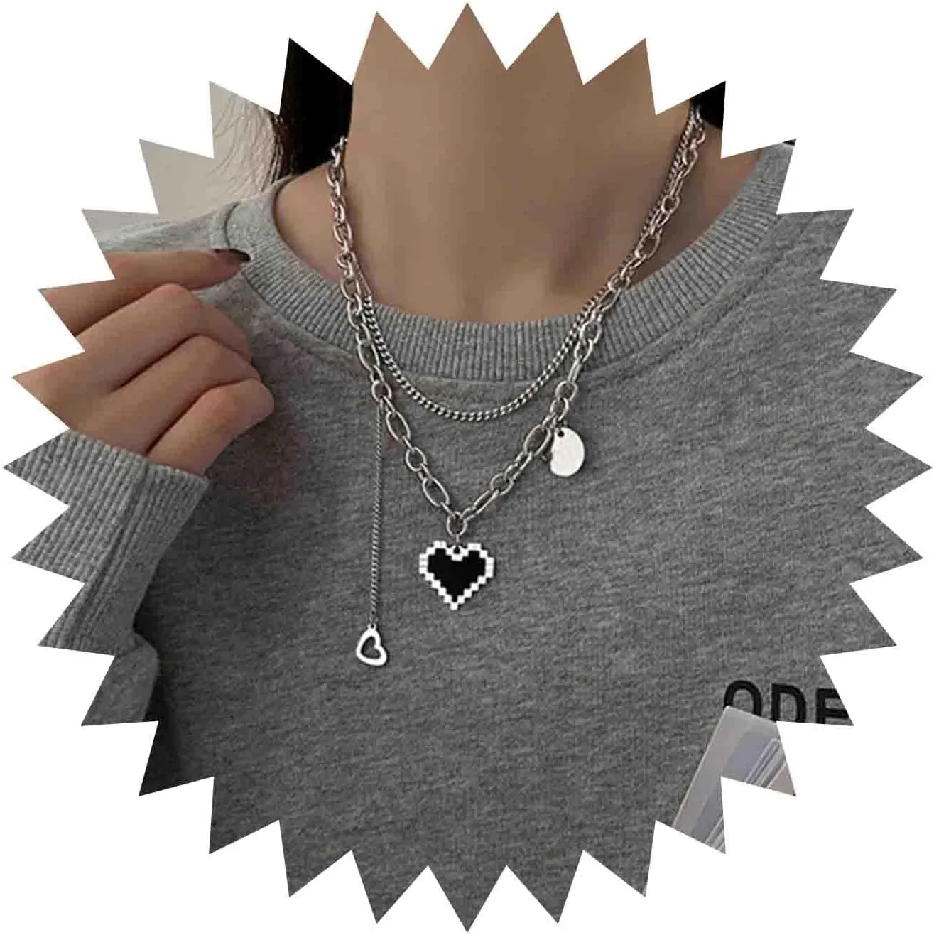 Vintage Layered Heart Pendant Necklace Silver Paperclip Chain Necklace Disc Coin Collar Necklace Black Heart Choker Necklace Jewelry for Women