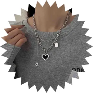 Vintage Layered Heart Pendant Necklace Silver Paperclip Chain Necklace Disc Coin Collar Necklace Black Heart Choker Necklace Jewelry for Women