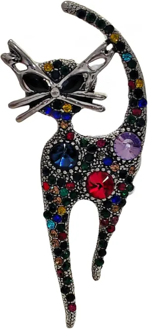 Vintage Multi Colored Crystal Rhinestone Cool Walking Cat Brooch Pin Fancy Sunglass Kitty Jewelry