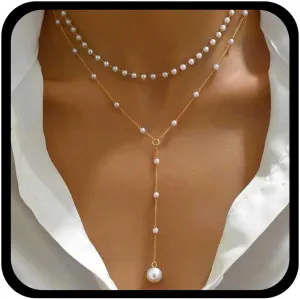 Vintage Pearl Y Lariat Necklace Layered Pearl Choker Necklace Gold Pearl Y Necklace Long Pearl Drop Necklace Wedding Pearl Pendant Necklace Jewelry for Women