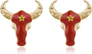 Vintage Western Red Bull Stud Earrings for Women 14K Gold Plated Enamel Cow Stud Earrings with Cubic Zirconia Cattle Head Earrings for Western Cowgirl Cowboy Trendy Animal Jewelry Gift for Women