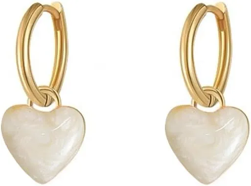 White Heart Love Dangle Drop Small Huggie Hoop Earrings for Women Cute Minimalist Gold Plated Enamel Charm Hoops Dainty Hypoallergenic Jewelry for Her