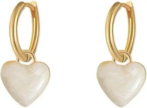 White Heart Love Dangle Drop Small Huggie Hoop Earrings for Women Cute Minimalist Gold Plated Enamel Charm Hoops Dainty Hypoallergenic Jewelry for Her