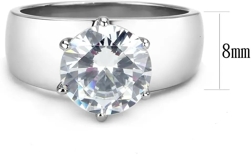 Wide Band Big Solitaire 3.5 Carat CZ Womens Stainless Steel Wedding Ring