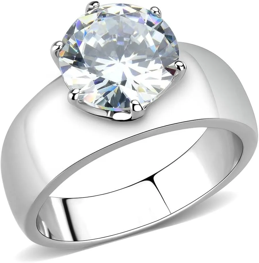 Wide Band Big Solitaire 3.5 Carat CZ Womens Stainless Steel Wedding Ring