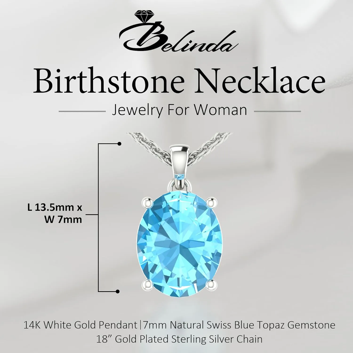 Women's Pendant Necklace, 14k Yellow Gold/White Gold Hanging Jewelry with 7mm Precious/Semi-Precious Oval Birthstone Gemstone & 18" Loose Rope Chain with Lobster Claw