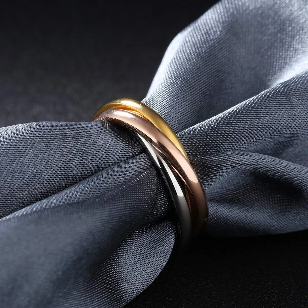 Women's Stainless Steel Gold Silver Rose Triple Band Interlocked Rolling Ring