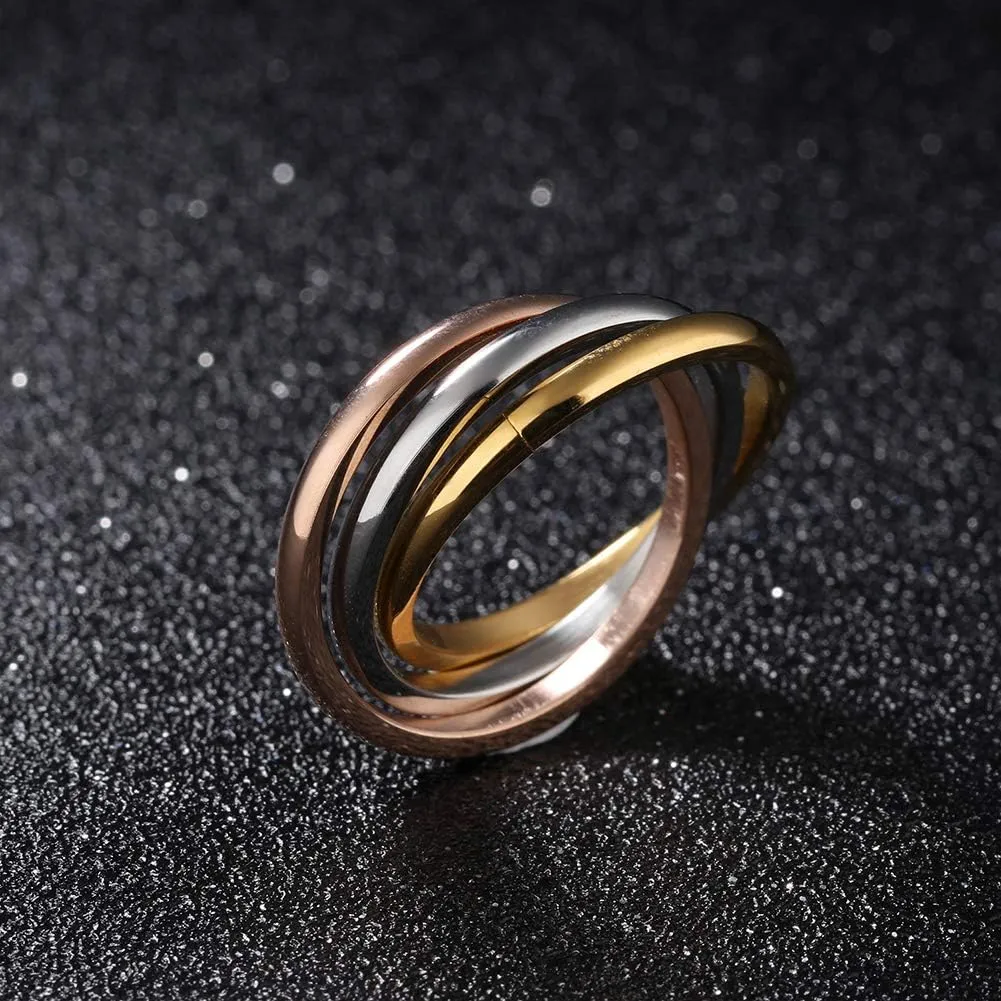 Women's Stainless Steel Gold Silver Rose Triple Band Interlocked Rolling Ring