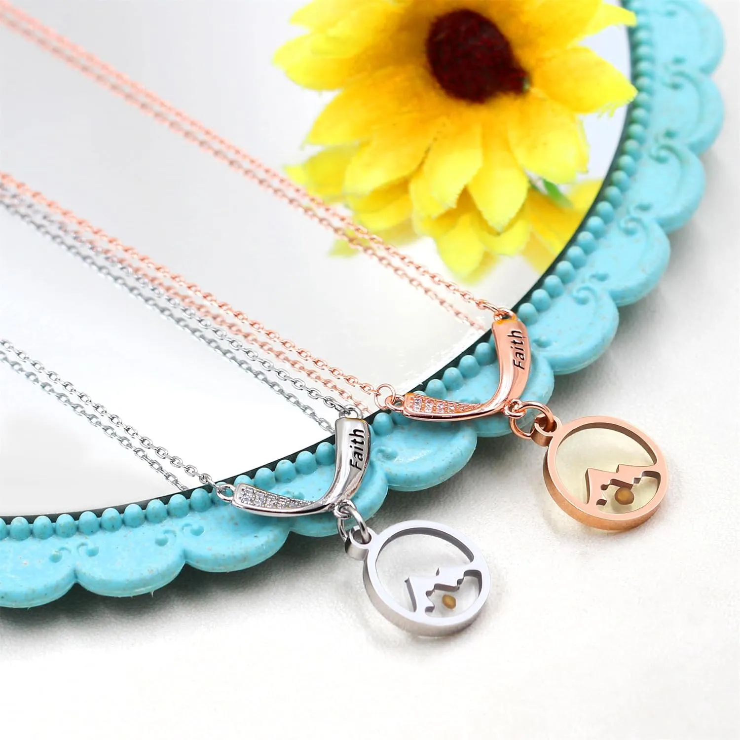 Women's V-Shaped Faith Mountain Necklace Mustard Seed Pendant Jewelry Dazzling Crystal Inspired Gift Woman Clavicle Chain Christian Religious Pendant Necklace