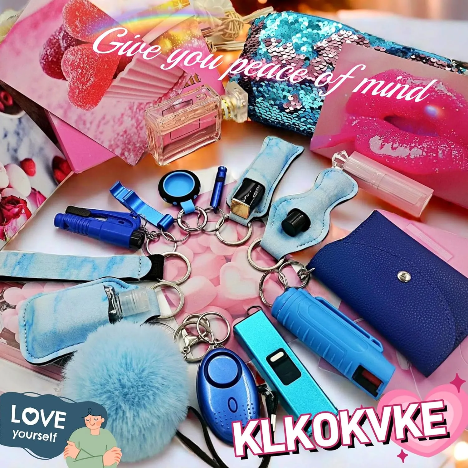 Wristlet Card Holder Keychain Set for Women with Whistle, Bottle Opener, Travel Bottle Holder and Wristlet Strap