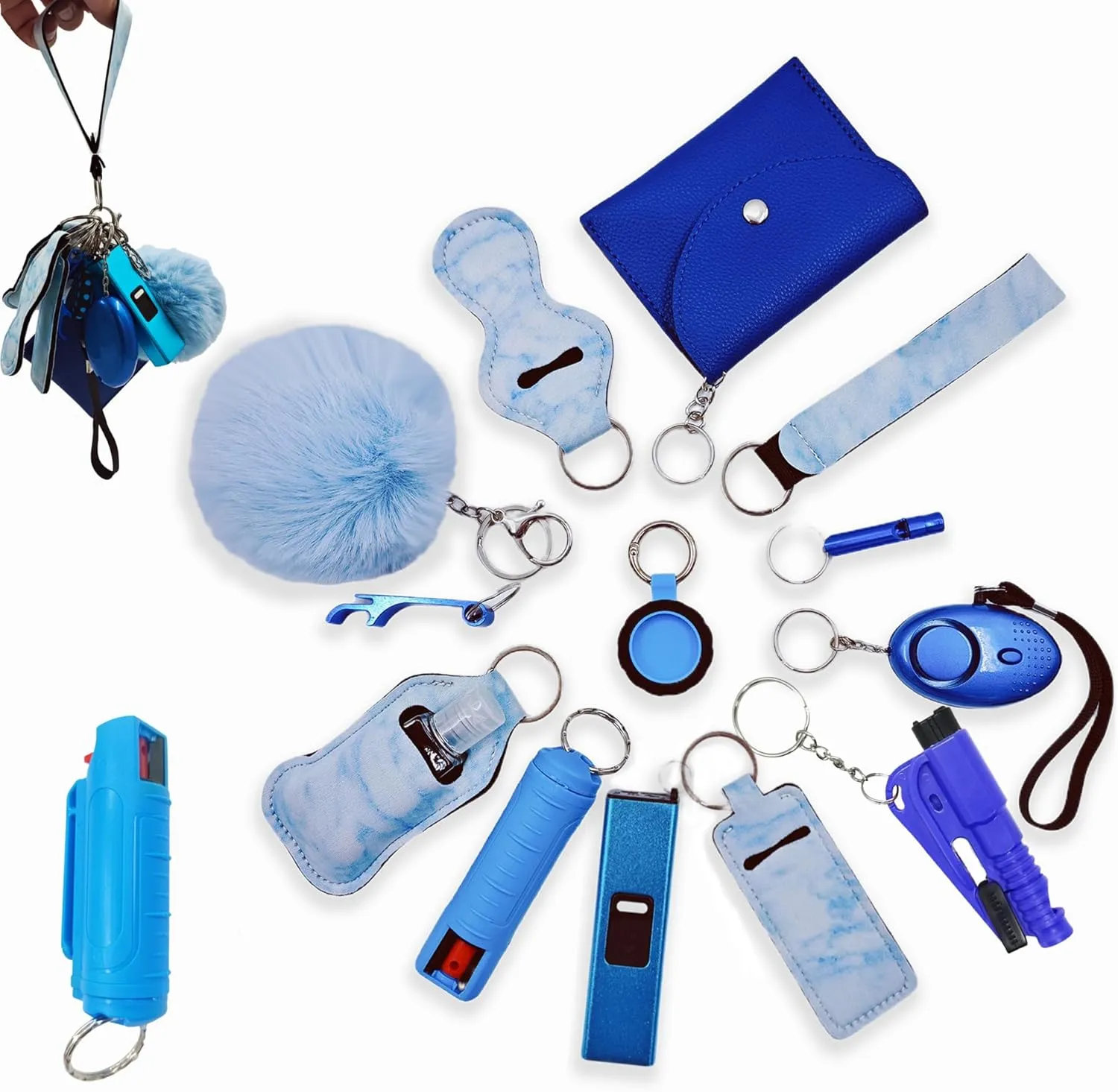 Wristlet Card Holder Keychain Set for Women with Whistle, Bottle Opener, Travel Bottle Holder and Wristlet Strap